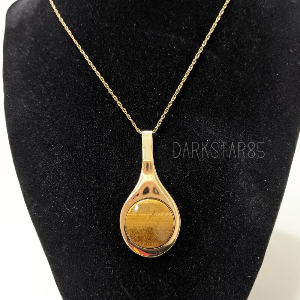 Vintage Tiger's Eye Statement Necklace Stamped 12K Gold Filled - Picture 1 of 6